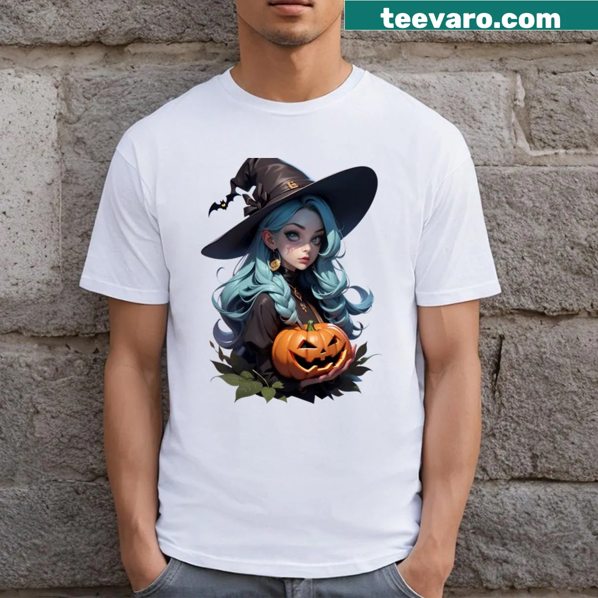 Cute cartoon witch design on a Halloween-themed T-shirt — on a men's t-shirt