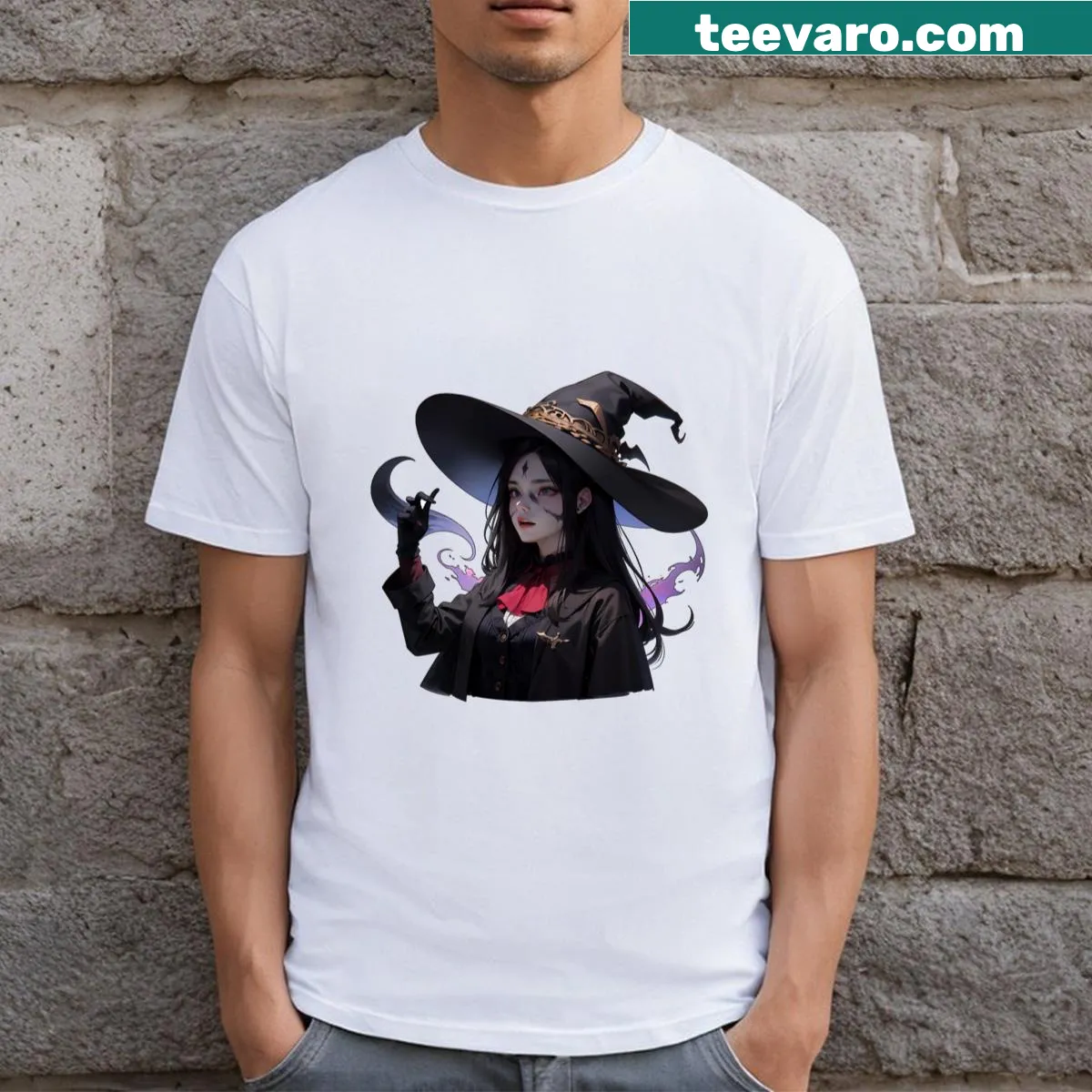 Cute anime-style little witch graphic on T-shirt — on a men's t-shirt