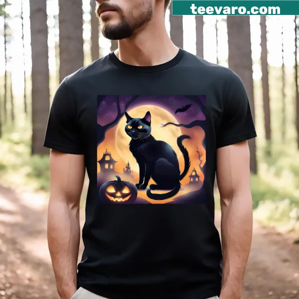 Black cat illustration under a moonlight on Halloween T-shirt