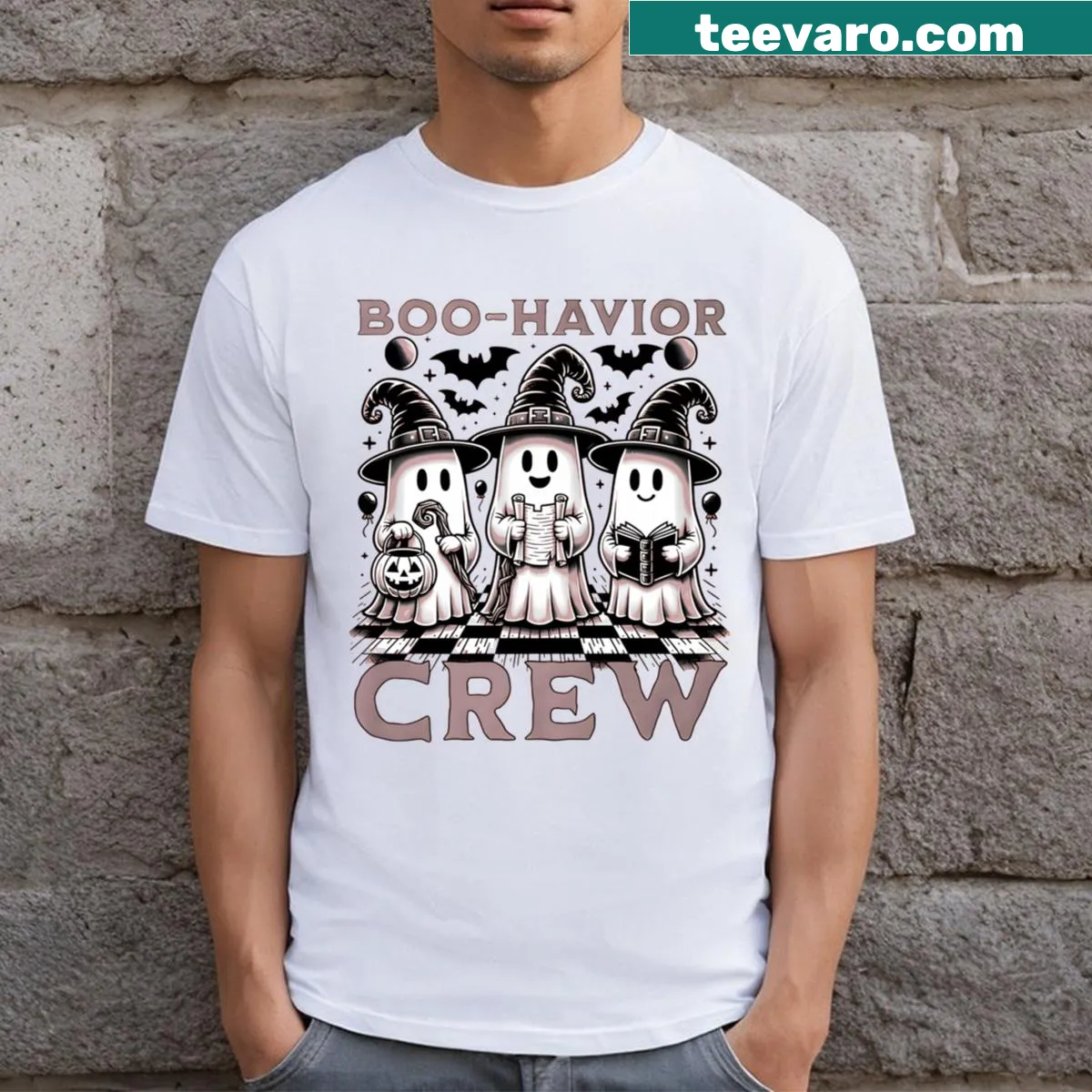 Retro Halloween t-shirt featuring a playful ghost design — on a men's t-shirt