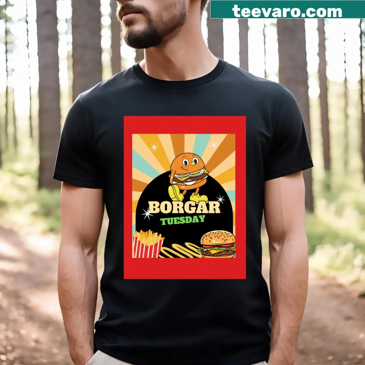 Playful 'Borgar Tuesday' graphic on a fun food-themed t-shirt — on a men's t-shirt