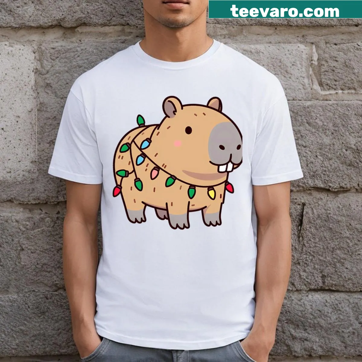 T-shirt featuring a capybara decorated with Christmas lights — on a men's t-shirt