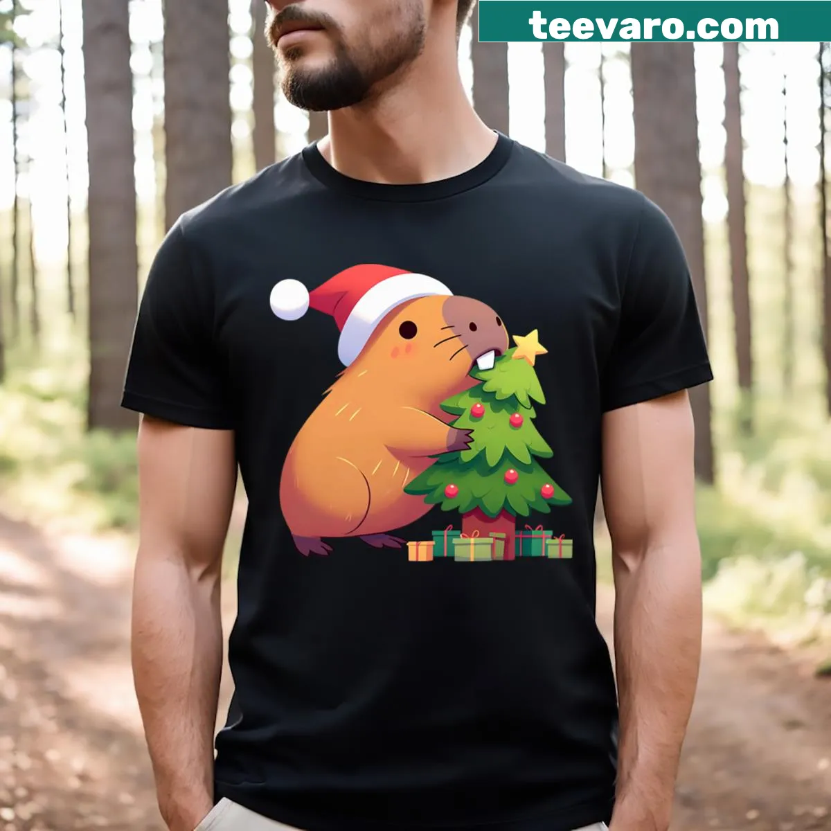 Charming graphic of a capybara eating a Christmas tree on a t-shirt — on a men's t-shirt