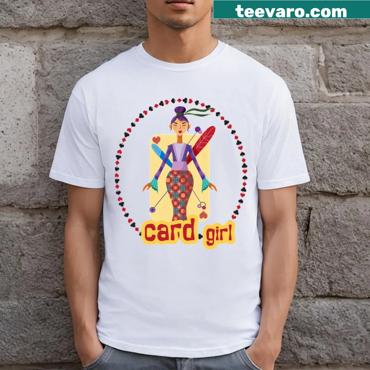 Illustrative t-shirt featuring holiday hobbies like card-making. — on a men's t-shirt