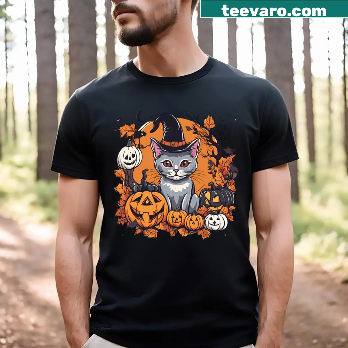 Whimsical cat among pumpkins for Halloween on a t-shirt — on a men's t-shirt