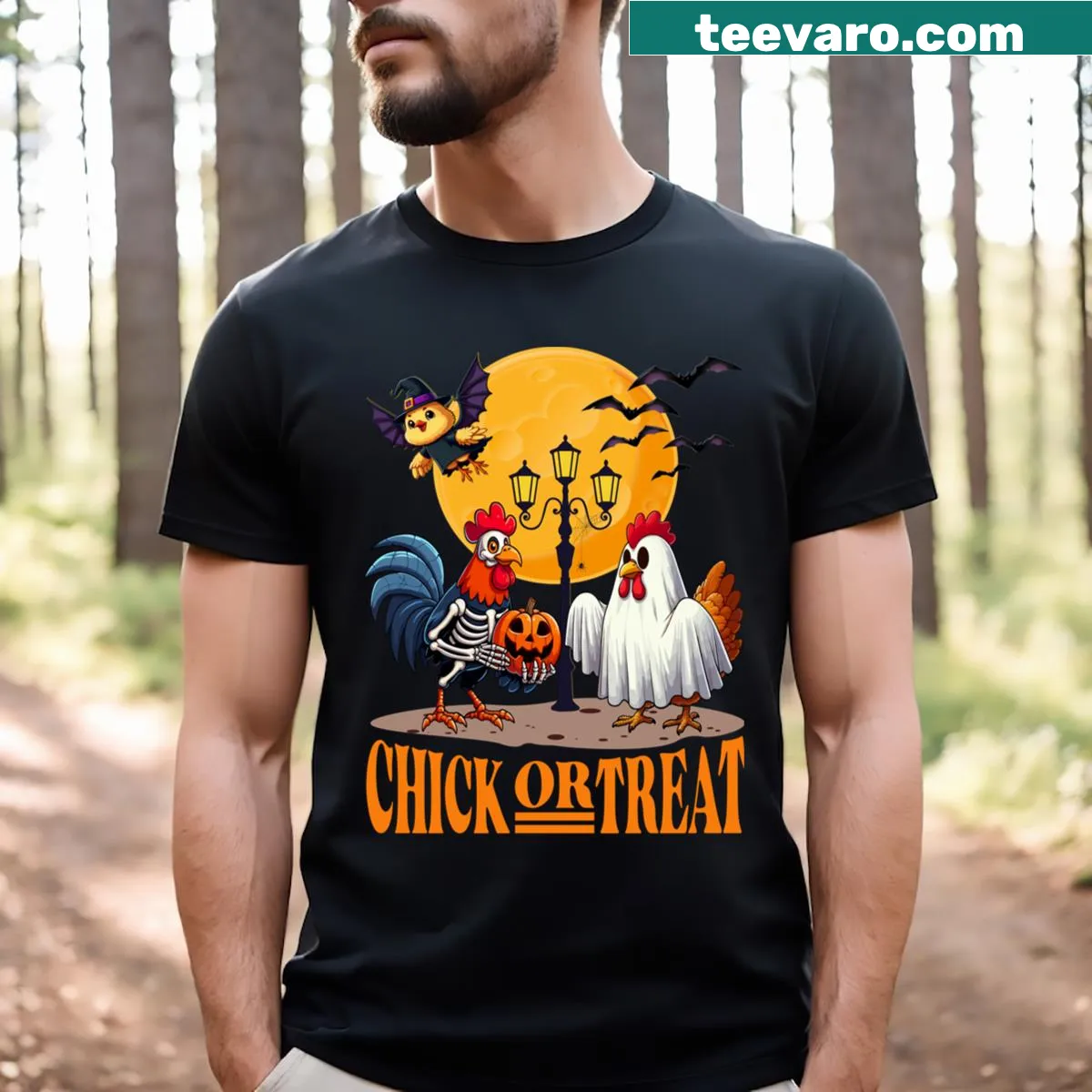 Funny Halloween t-shirt with cartoon chicken design — on a men's t-shirt