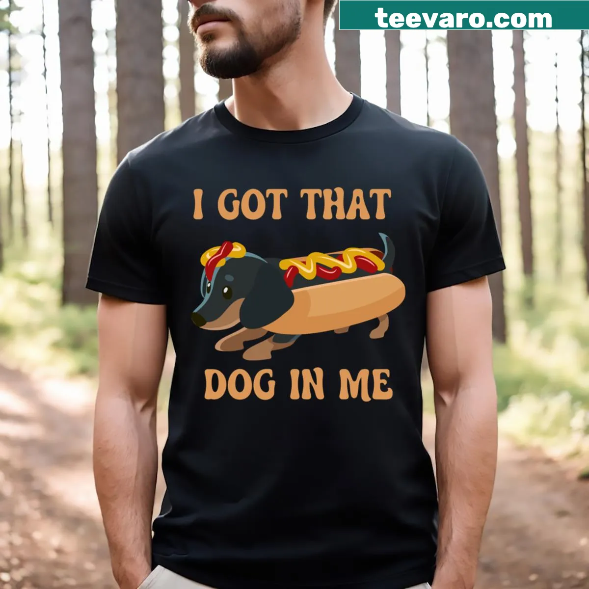 Cheerful T-shirt featuring an illustration of a Costco hot dog — on a men's t-shirt