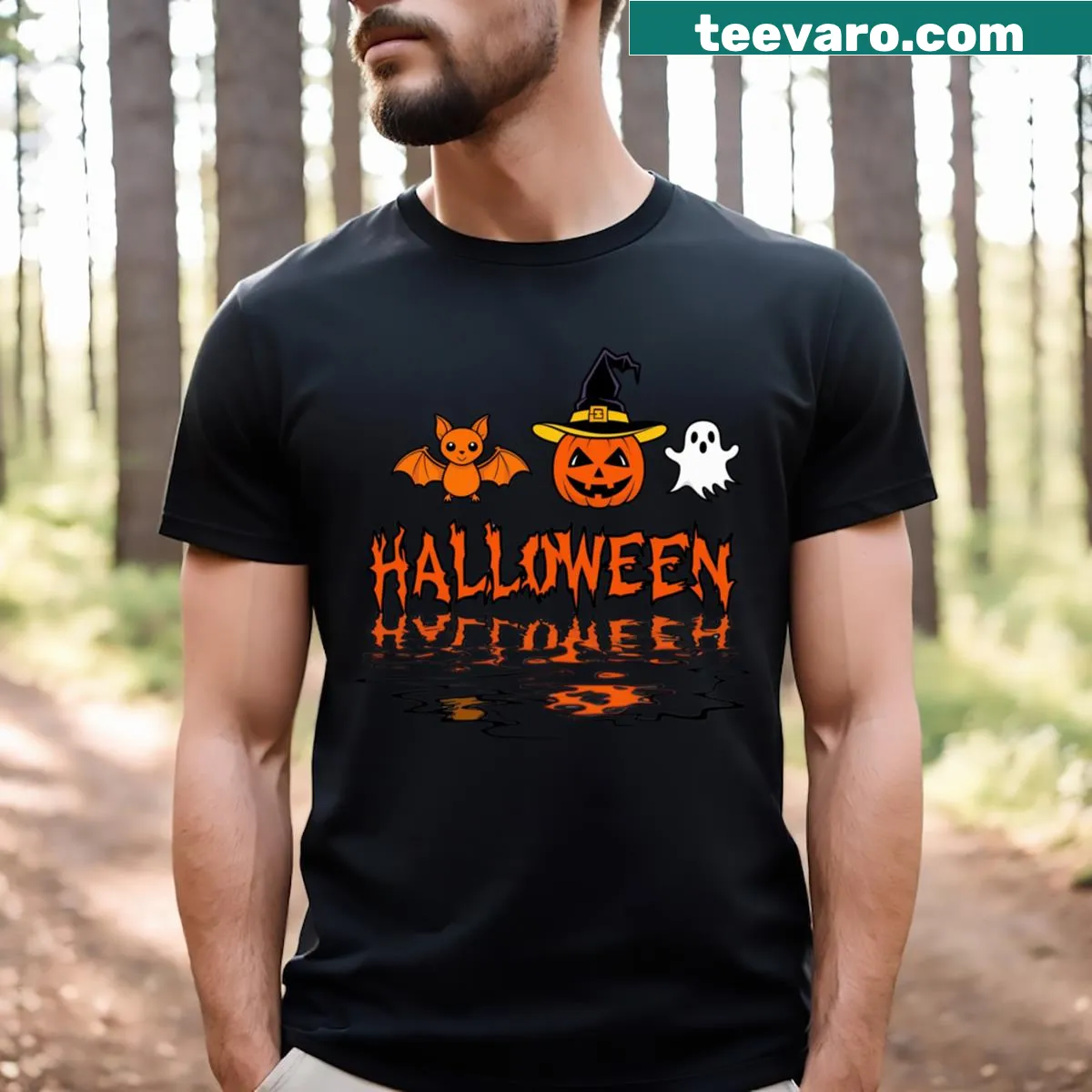 Halloween-themed t-shirt with pumpkin, bat, and ghost reflections — on a men's t-shirt