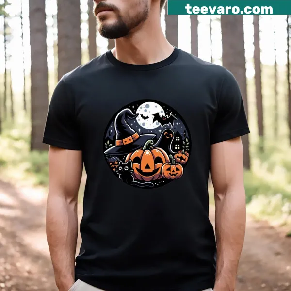 Witchy cat and pumpkin design on a Halloween T-shirt