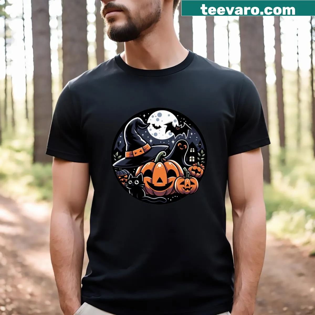 Witchy cat and pumpkin design on a Halloween T-shirt — on a men's t-shirt