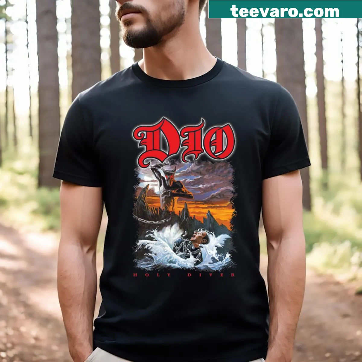 Dio Band Stand Up and Shout text design on a t-shirt — on a men's t-shirt