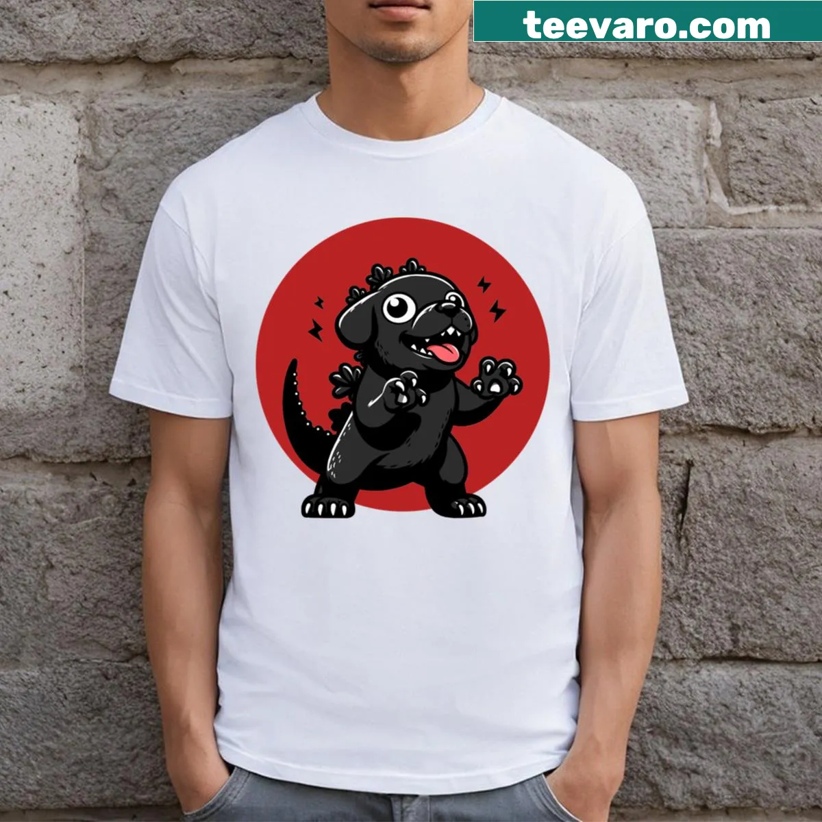 Cartoon dog as a monster in Dogzilla design on a T-shirt — on a men's t-shirt