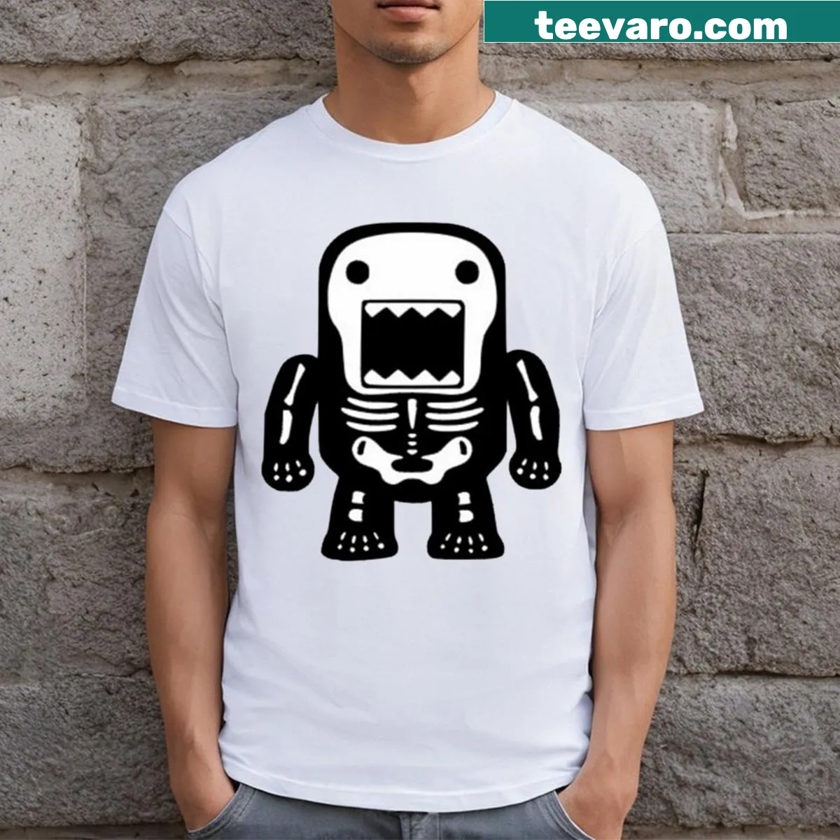 T-shirt featuring a spooky Domo character illustration — on a men's t-shirt