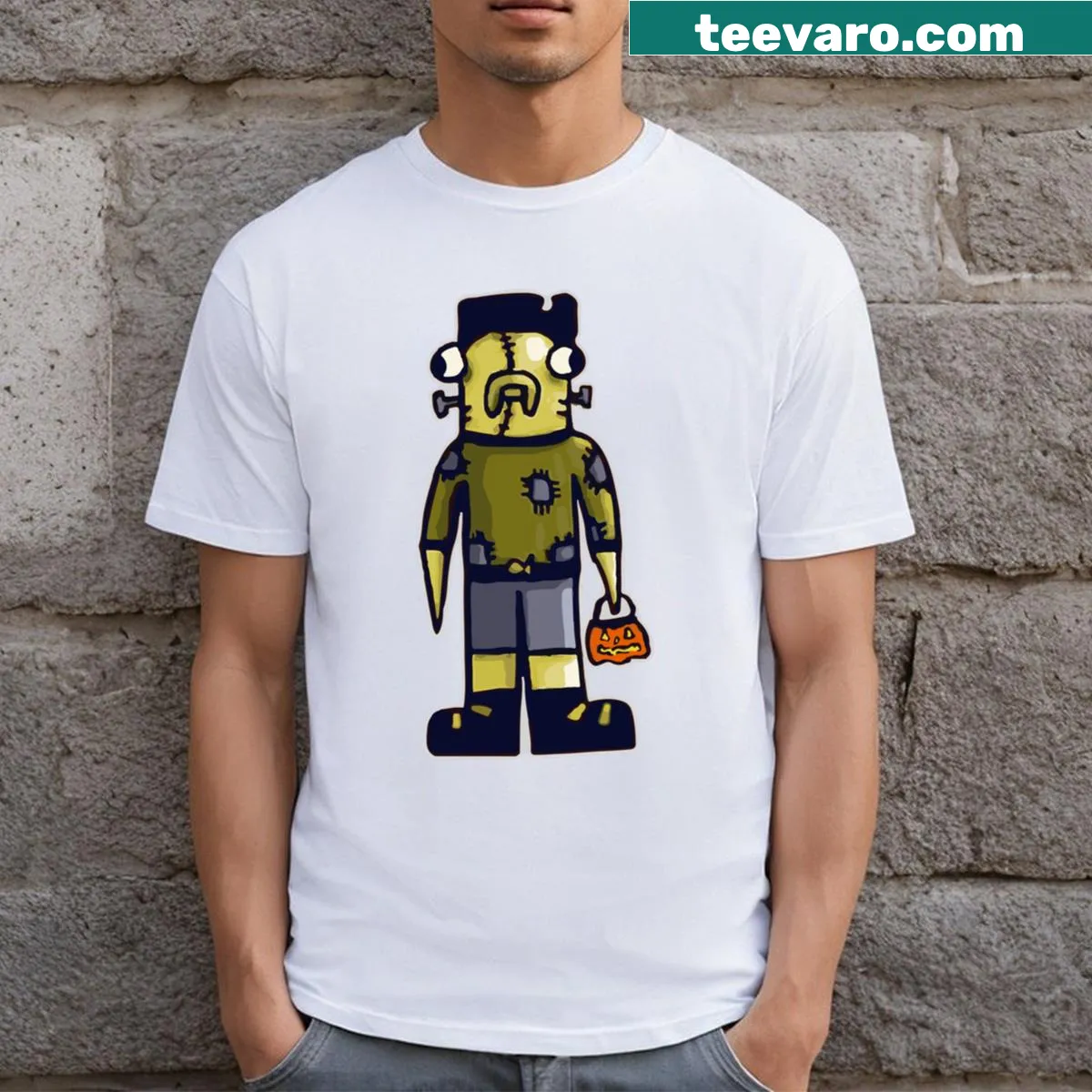 Cartoon fish dressed as Frankenstein Halloween t-shirt — on a men's t-shirt