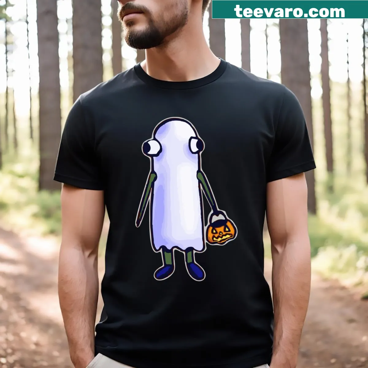 Whimsical Halloween T-shirt featuring a ghost fish graphic — on a men's t-shirt