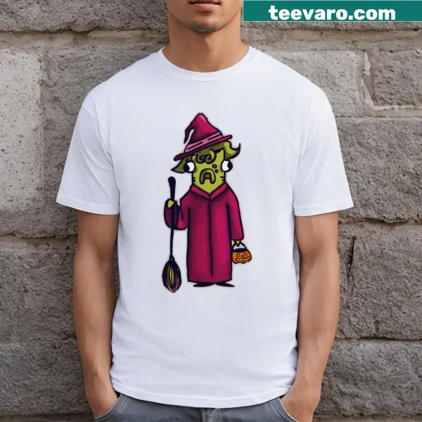 Cartoon fish dressed as a witch on a Halloween T-shirt