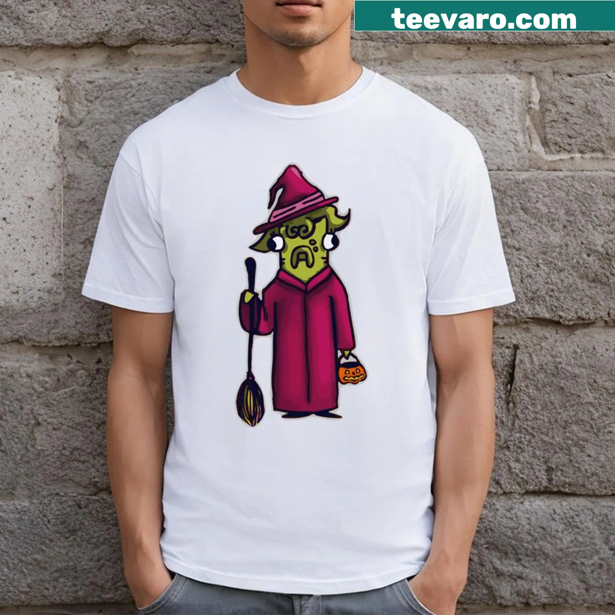 Cartoon fish dressed as a witch on a Halloween T-shirt — on a men's t-shirt
