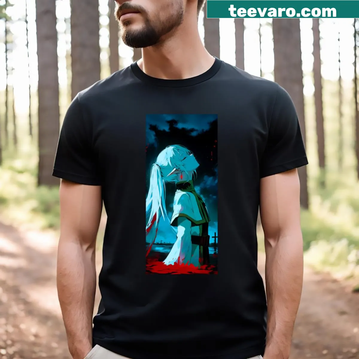 Illustrated t-shirt inspired by the world of Frieren — on a men's t-shirt