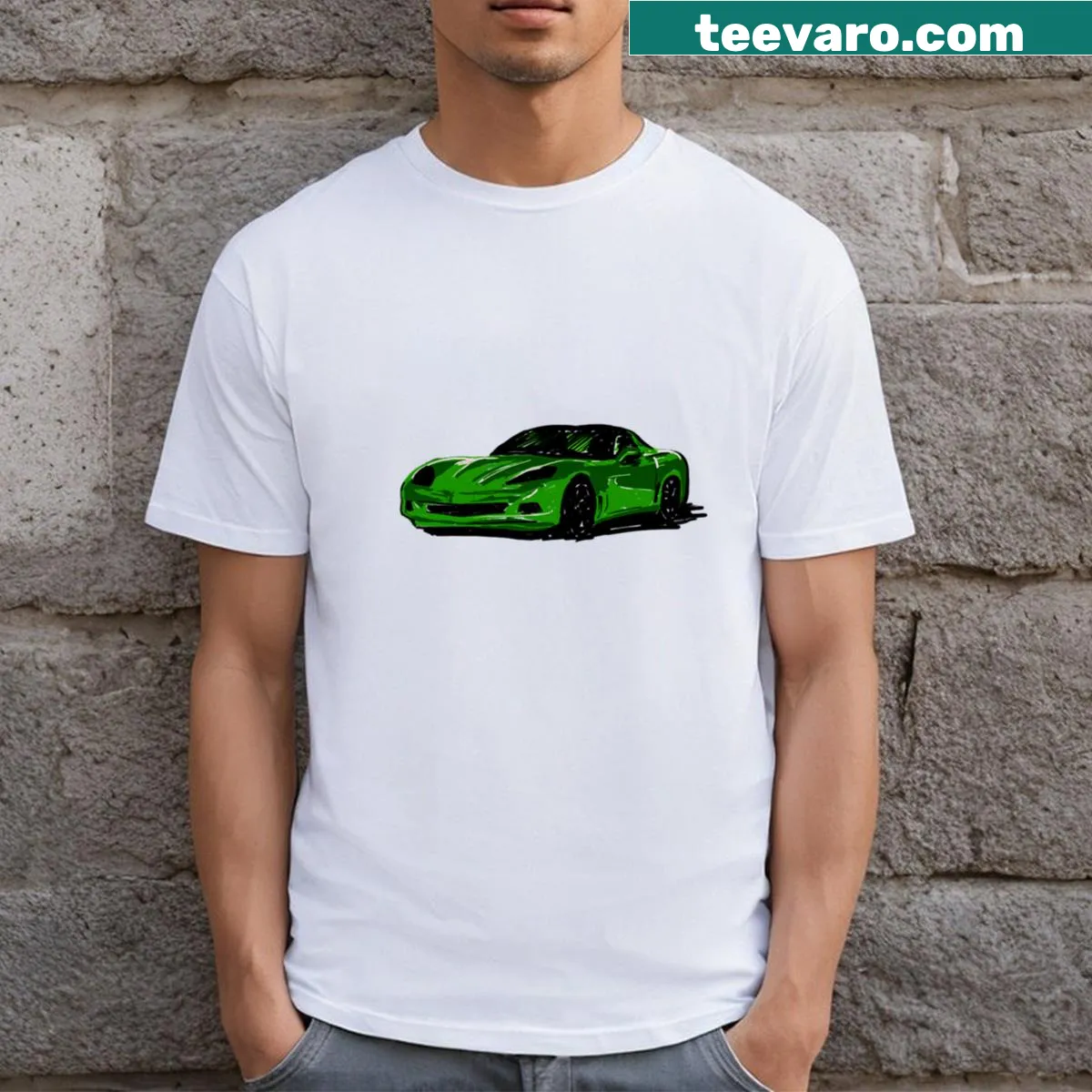 Hand-drawn sketch of a green sports car on a t-shirt — on a men's t-shirt