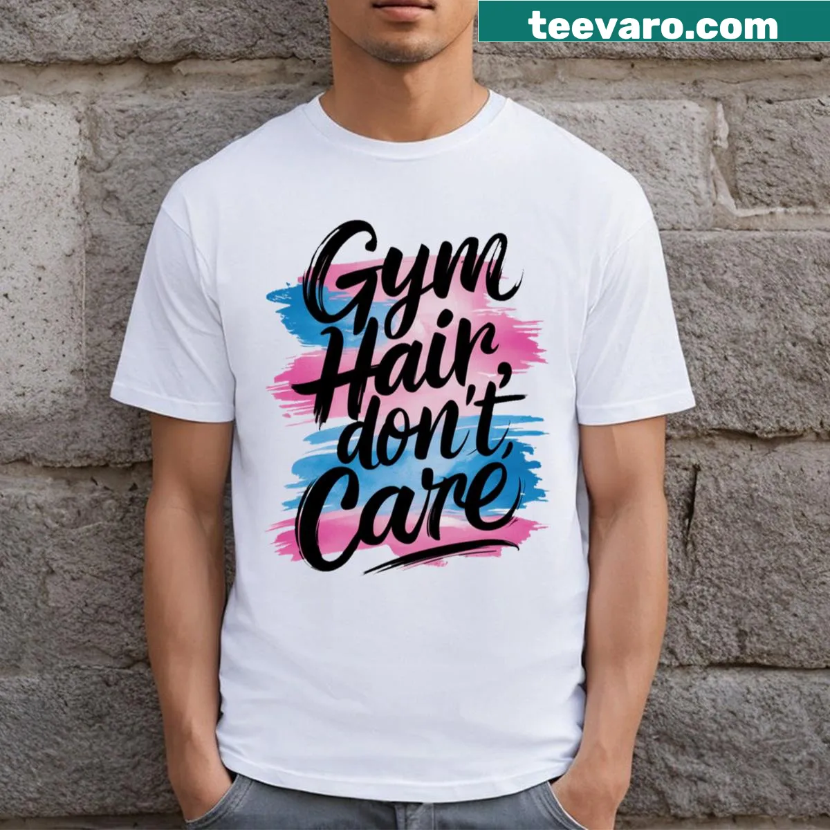 Playful t-shirt with the phrase 'Gym Hair Don't Care' — on a men's t-shirt