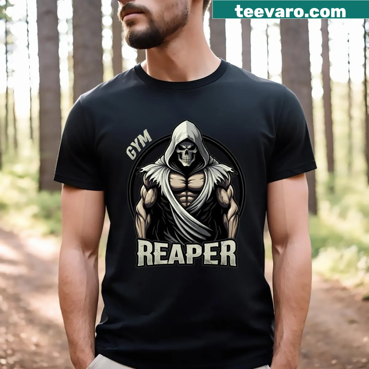 Edgy Halloween T-shirt with skeleton Gym Reaper design — on a men's t-shirt