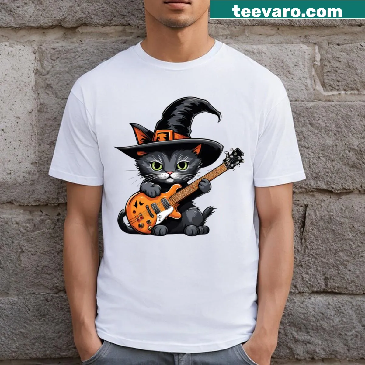 Adorable Halloween T-shirt with a cute cat illustration — on a men's t-shirt