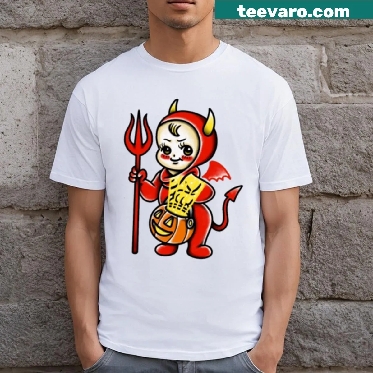 Cute devil baby illustration on Halloween T-shirt — on a men's t-shirt