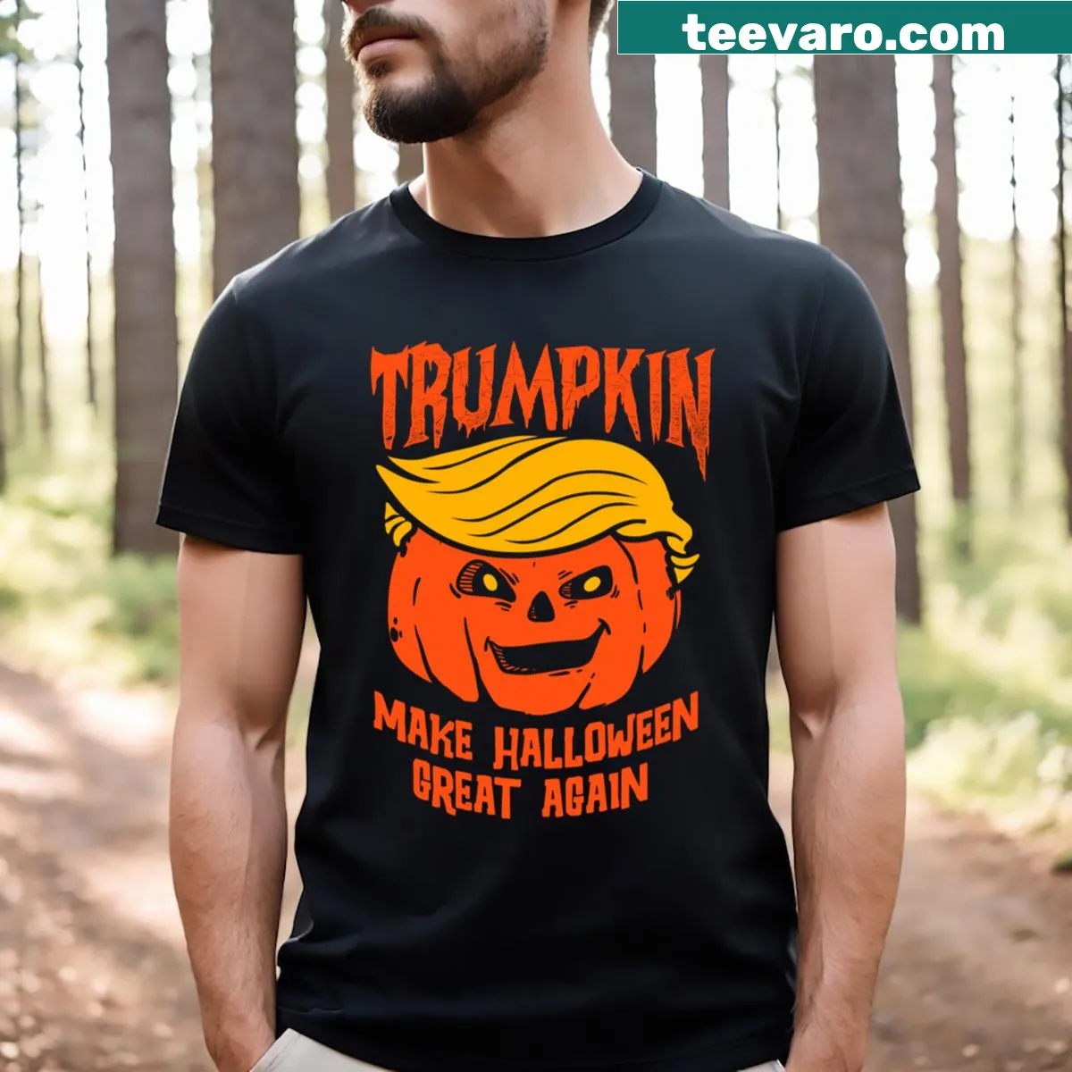 Satirical Halloween shirt with a pumpkin in a presidential tie — on a men's t-shirt
