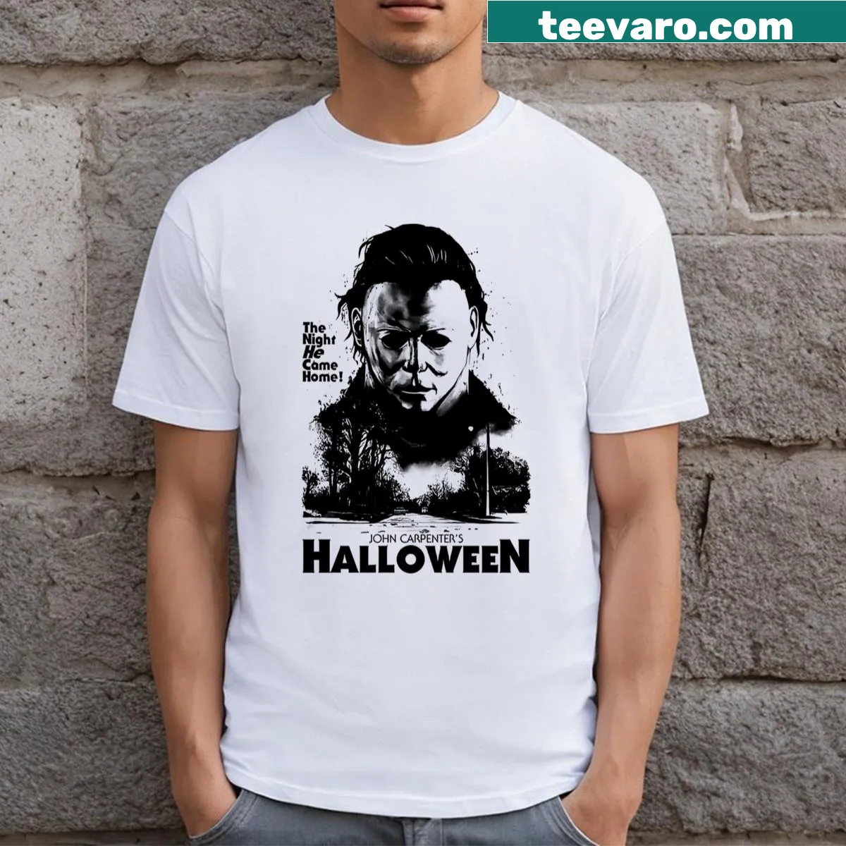 Halloween shirt with welcoming 'Welcome Home' text — on a men's t-shirt