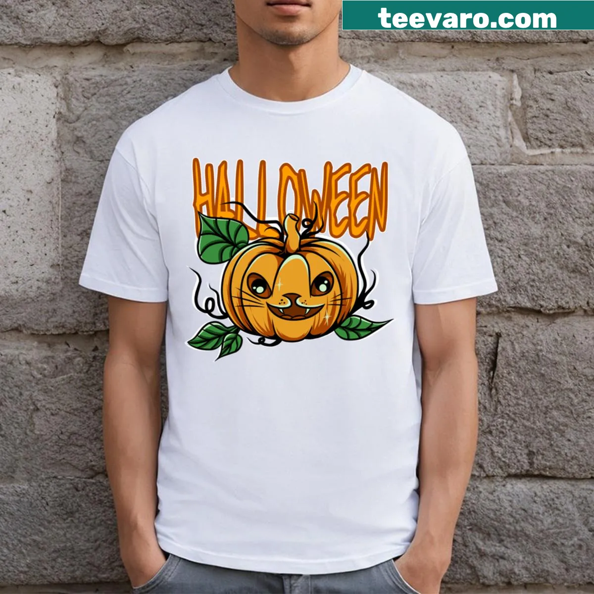 Playful Halloween-themed T-shirt featuring festive graphics — on a men's t-shirt