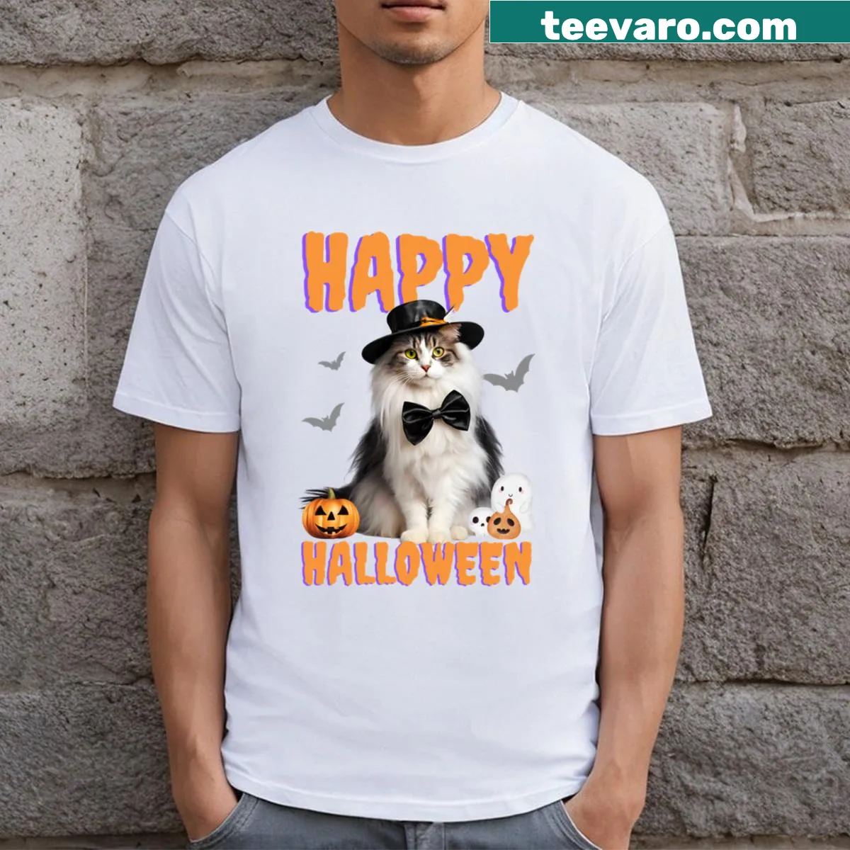 Cute Halloween Domestic American Longhair cat illustration on T-shirt — on a men's t-shirt