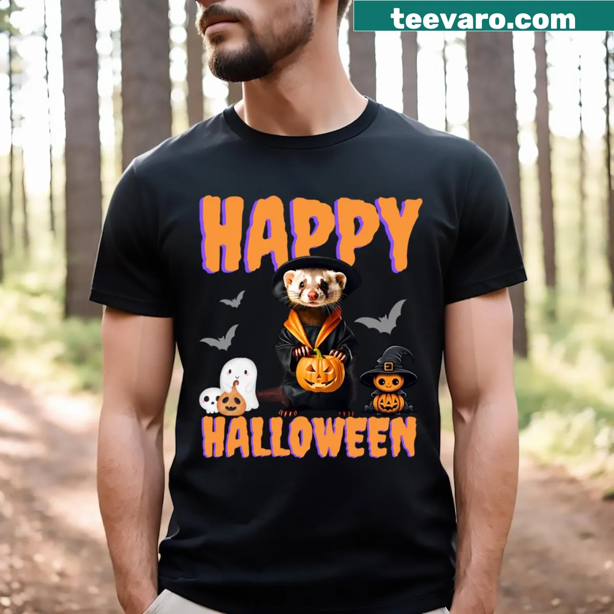 Illustrated T-shirt featuring a ferret in a Halloween costume — on a men's t-shirt