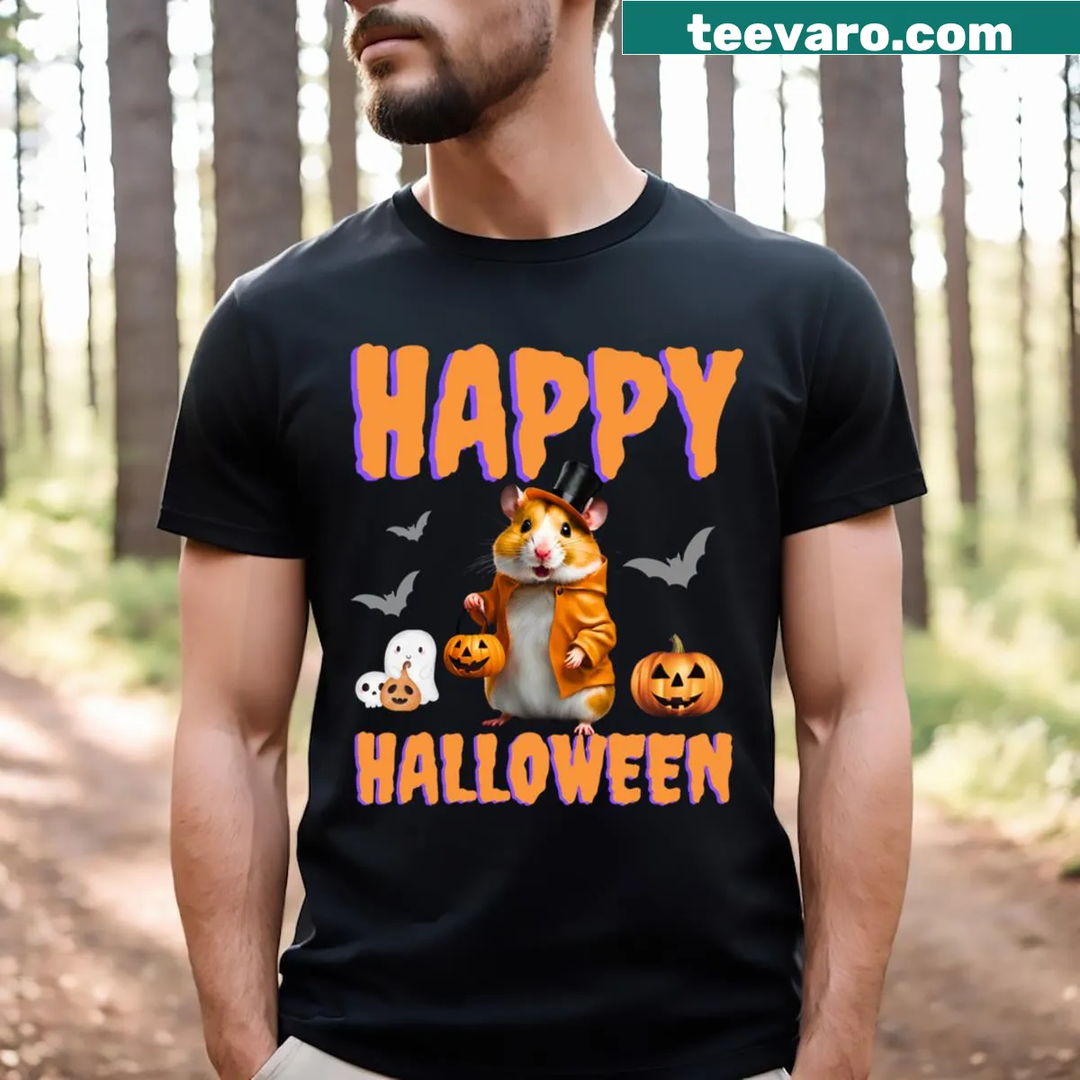 Cute Halloween hamster cartoon design for kids — on a men's t-shirt