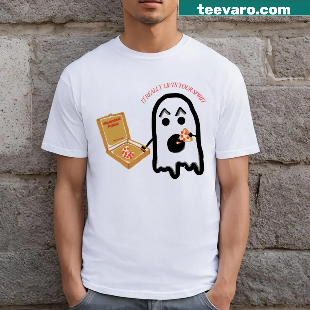 Humorous haunted pizza t-shirt with spooky illustration — on a men's t-shirt