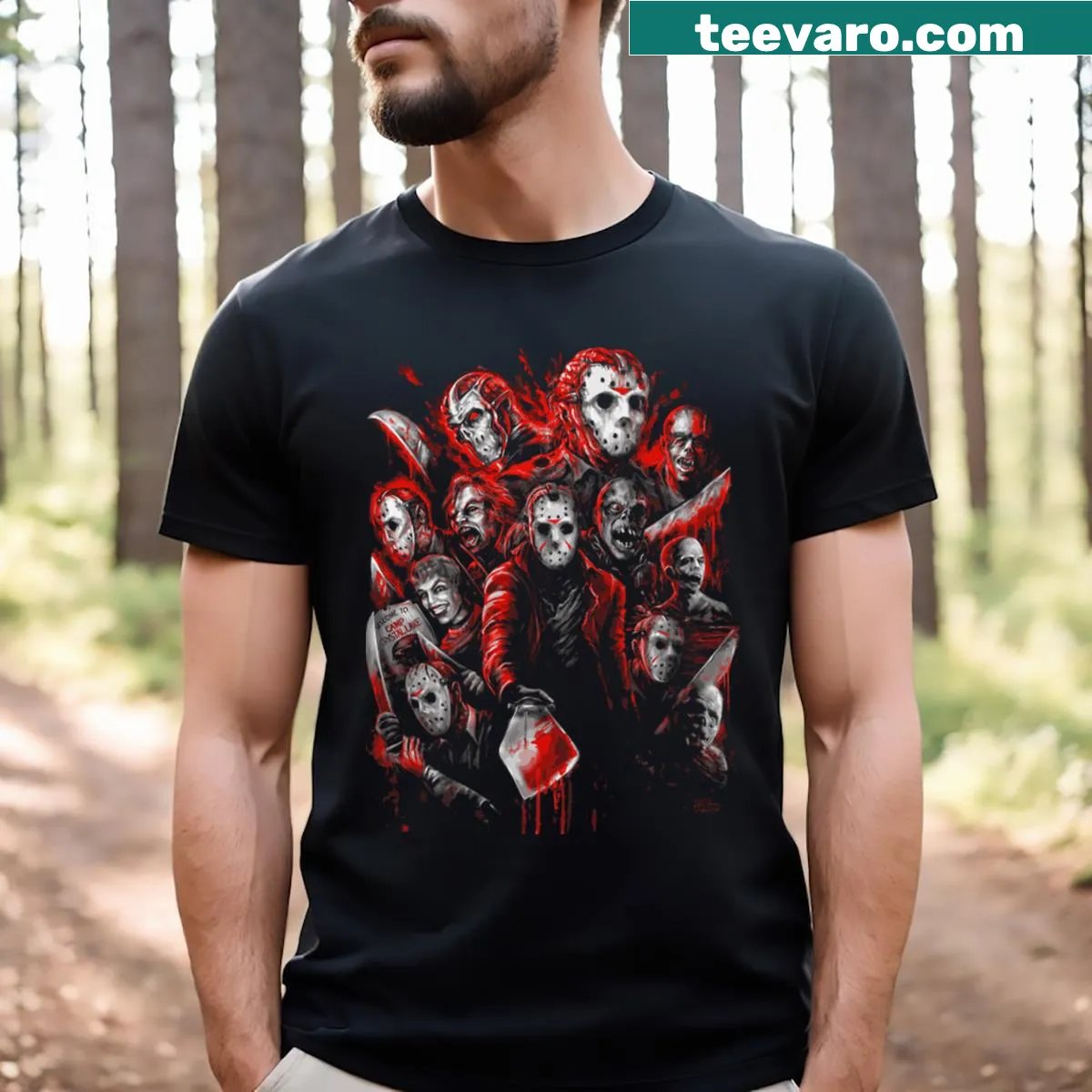 Vintage logo T-shirt inspired by classic horror movies for Halloween — on a men's t-shirt