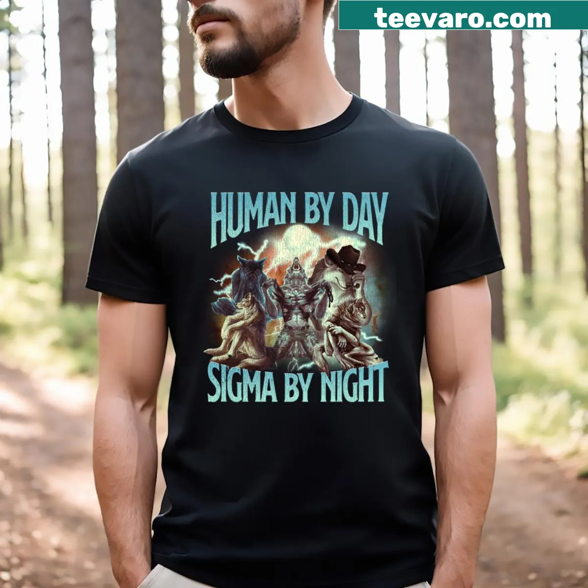 Vintage bootleg werewolf meme T-shirt with humorous graphic — on a men's t-shirt