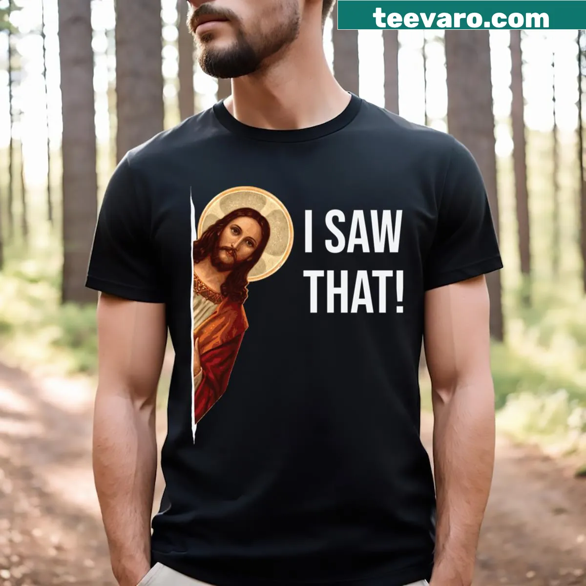 Funny t-shirt with the phrase 'Jesus Saw That' in meme style — on a men's t-shirt