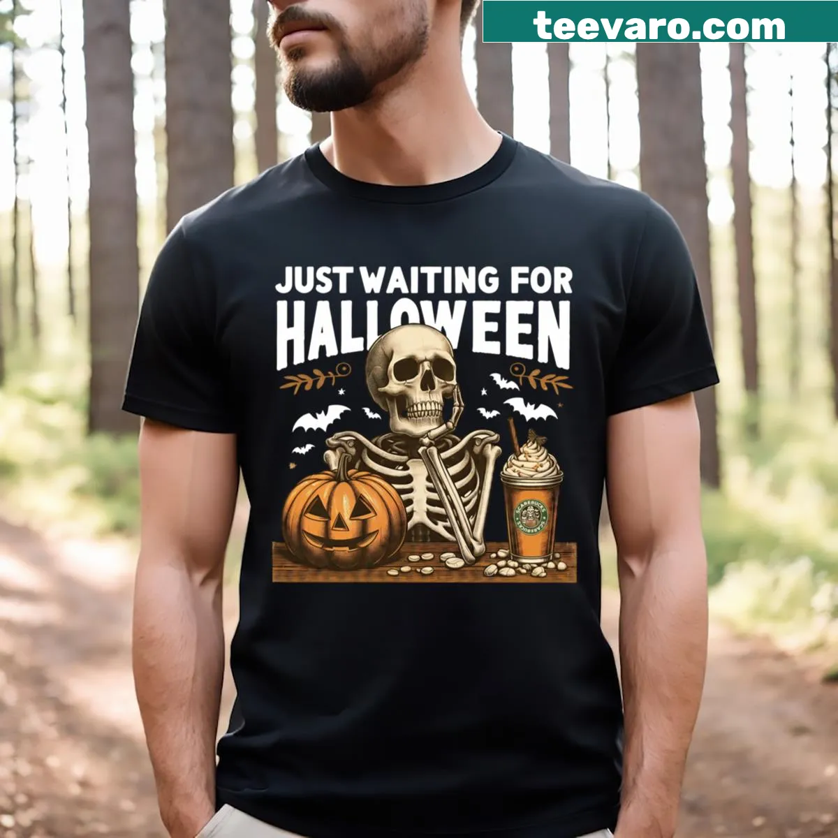 Funny skeleton t-shirt with the phrase 'Just Waiting For Halloween' printed on it. — on a men's t-shirt