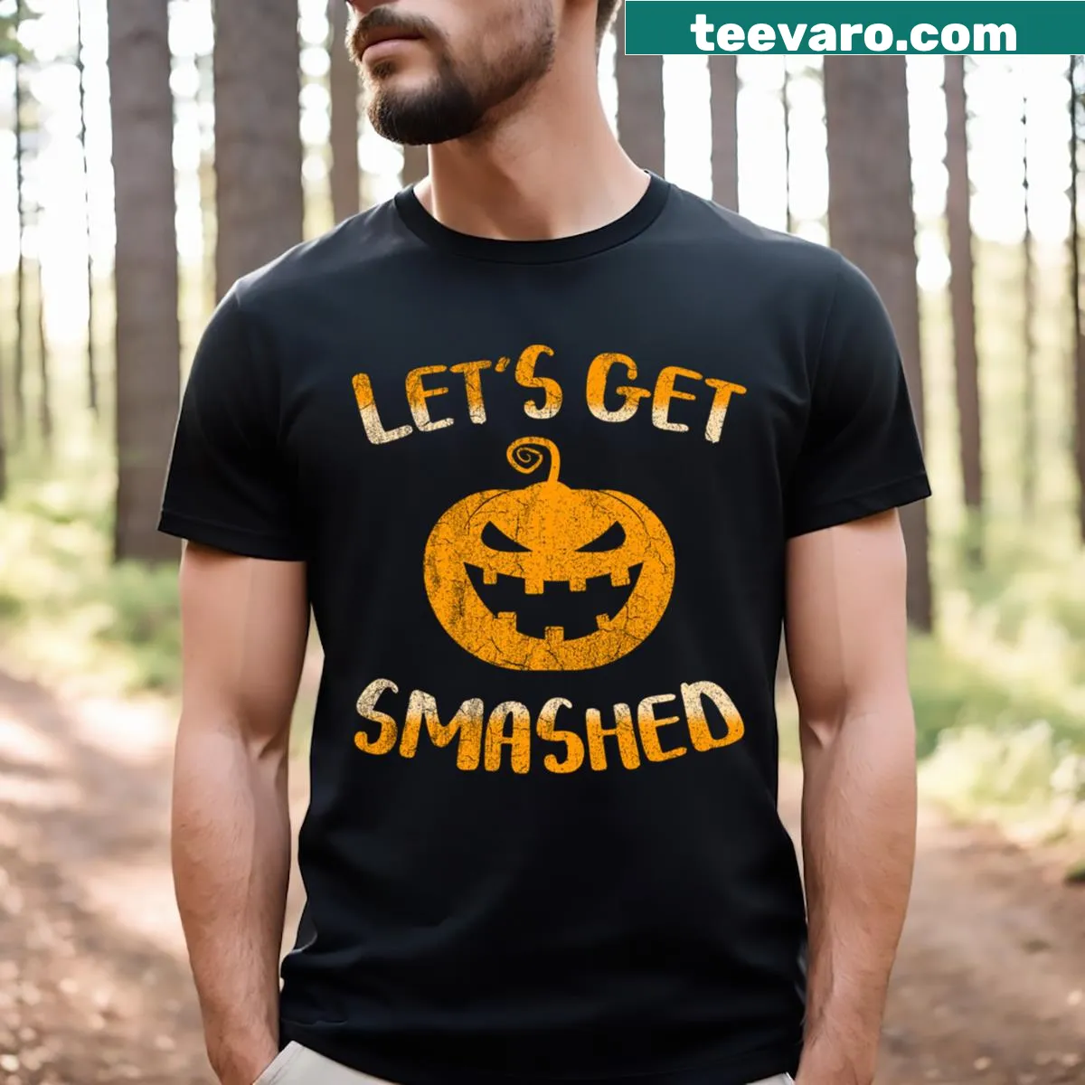 Funny Halloween shirt with a pumpkin and the phrase Lets Get Smashed — on a men's t-shirt