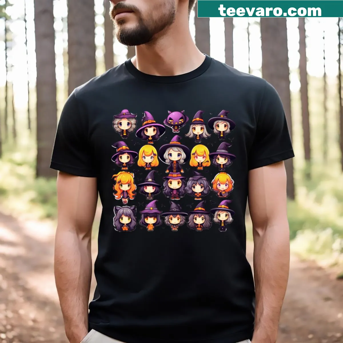 Cute cartoon witch graphic on a Halloween T-shirt for kids — on a men's t-shirt