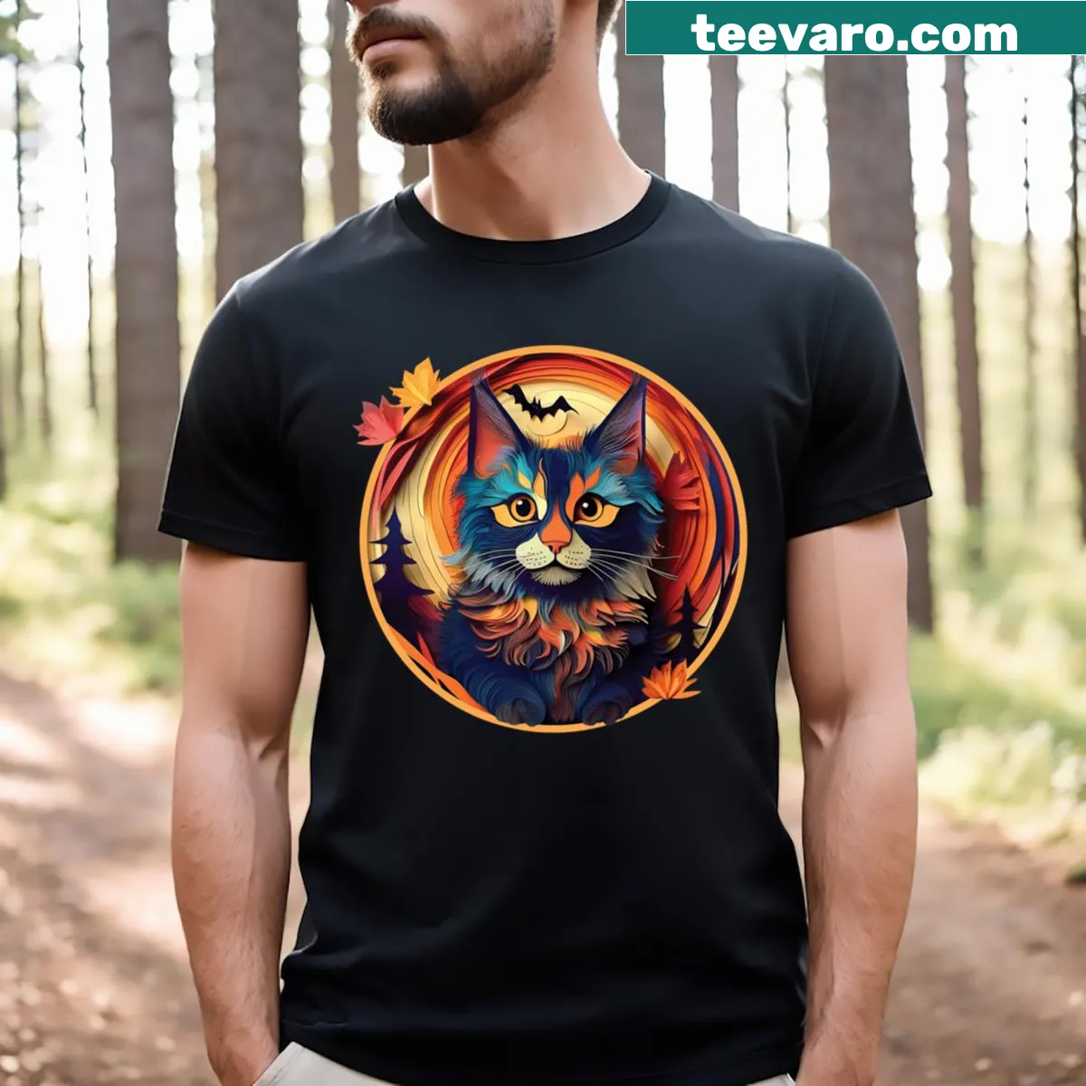 Adorable Maine Coon kitten in Halloween costume on T-shirt — on a men's t-shirt