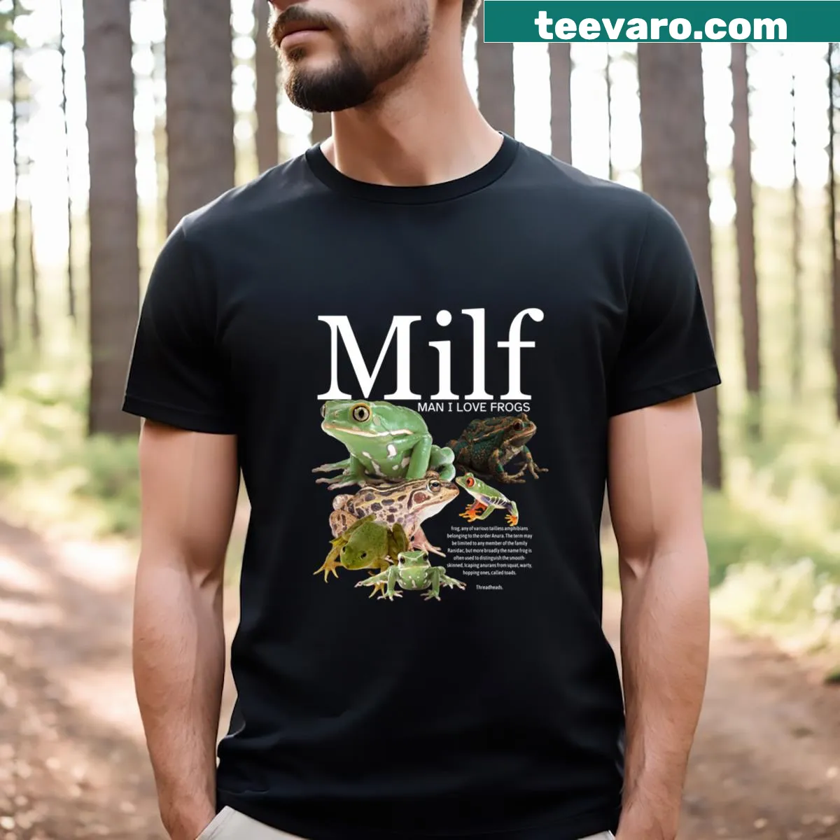 Playful 'Man I Love Frogs' t-shirt with frog illustrations. — on a men's t-shirt
