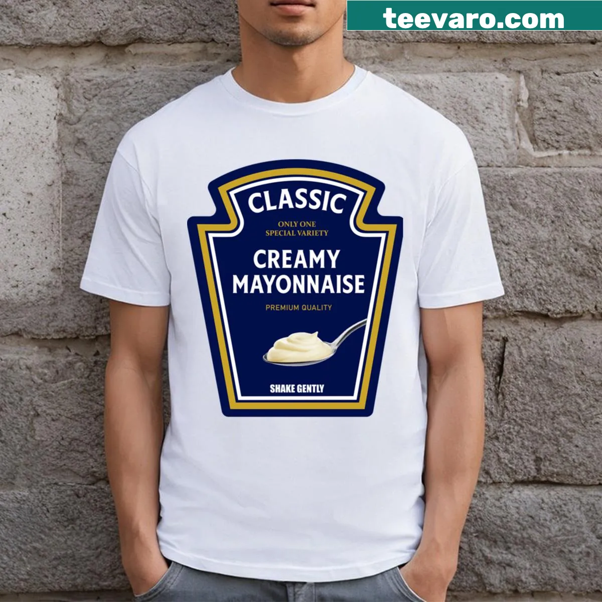 Funny Halloween costume t-shirt featuring mayonnaise, ketchup, and mustard illustrations. — on a men's t-shirt