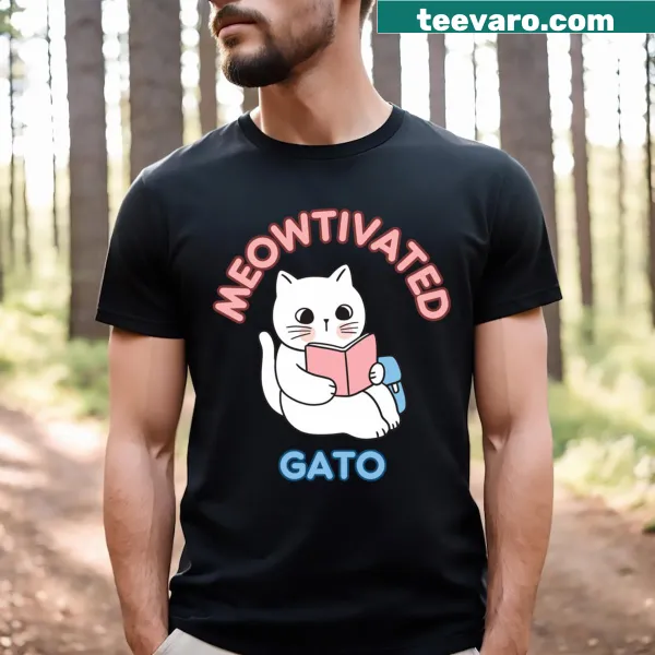 Adorable cat graphic with the word 'Meowtivated' on T-shirt