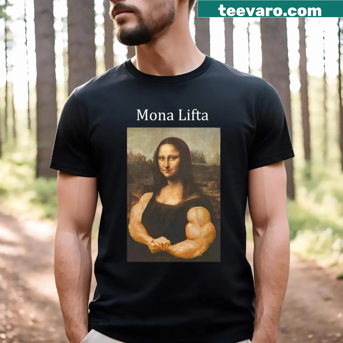 Whimsical graphic T-shirt inspired by the Mona Lisa painting — on a men's t-shirt