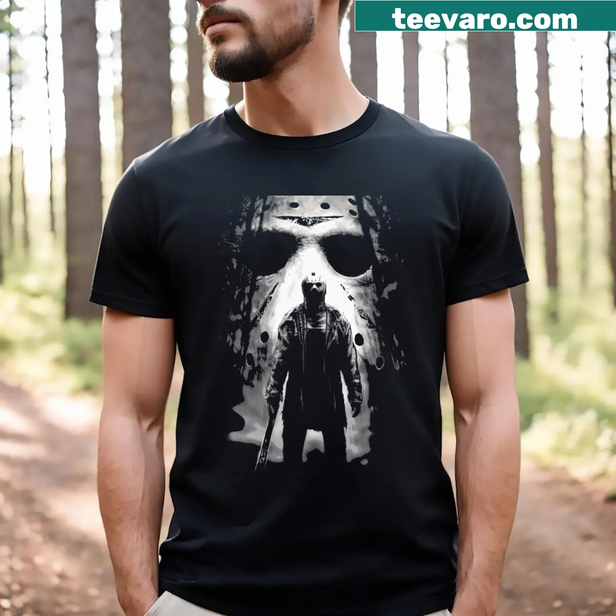 Essential t-shirt featuring vintage horror film logos — on a men's t-shirt