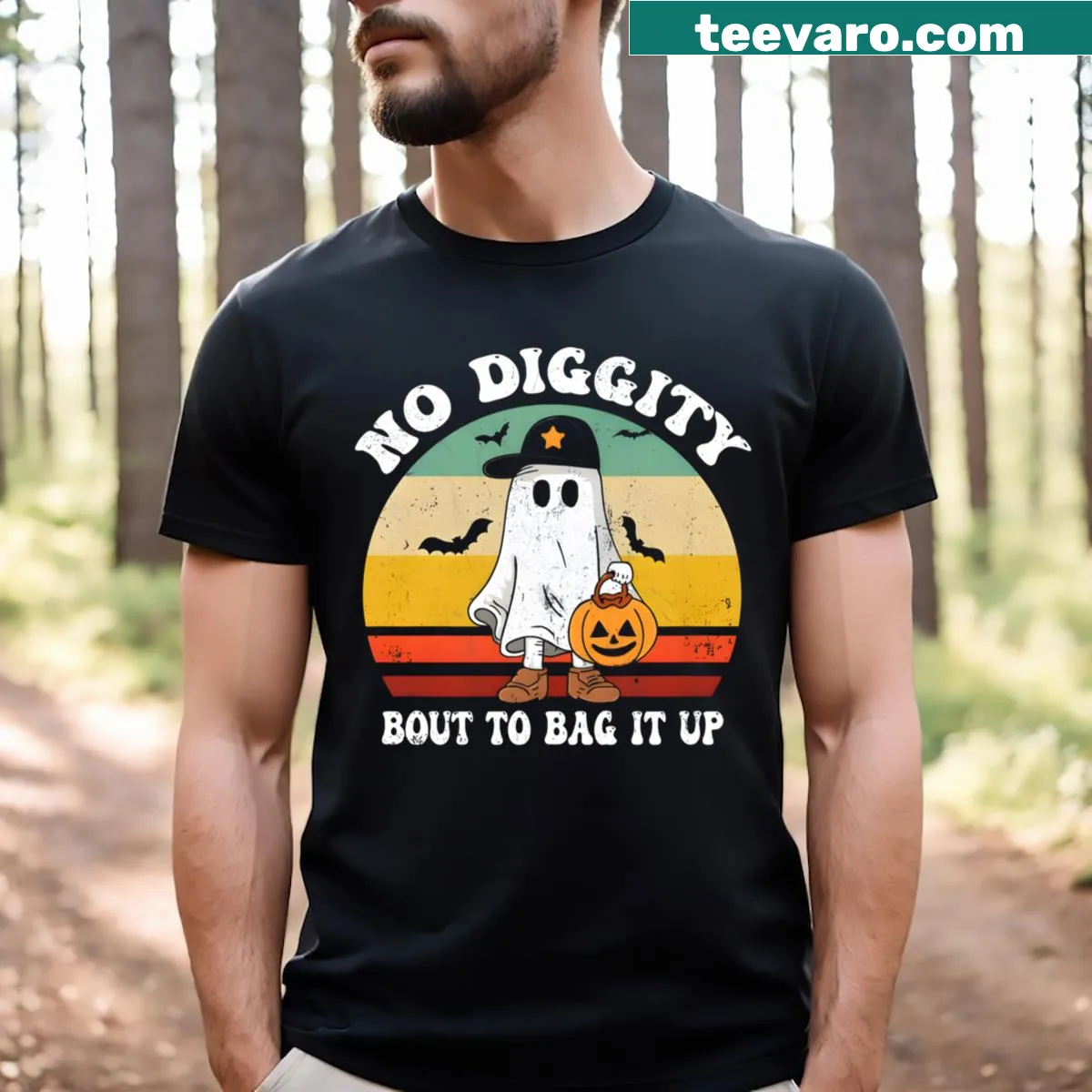 Halloween T-shirt featuring a playful ghost and the phrase 'No Diggity' — on a men's t-shirt