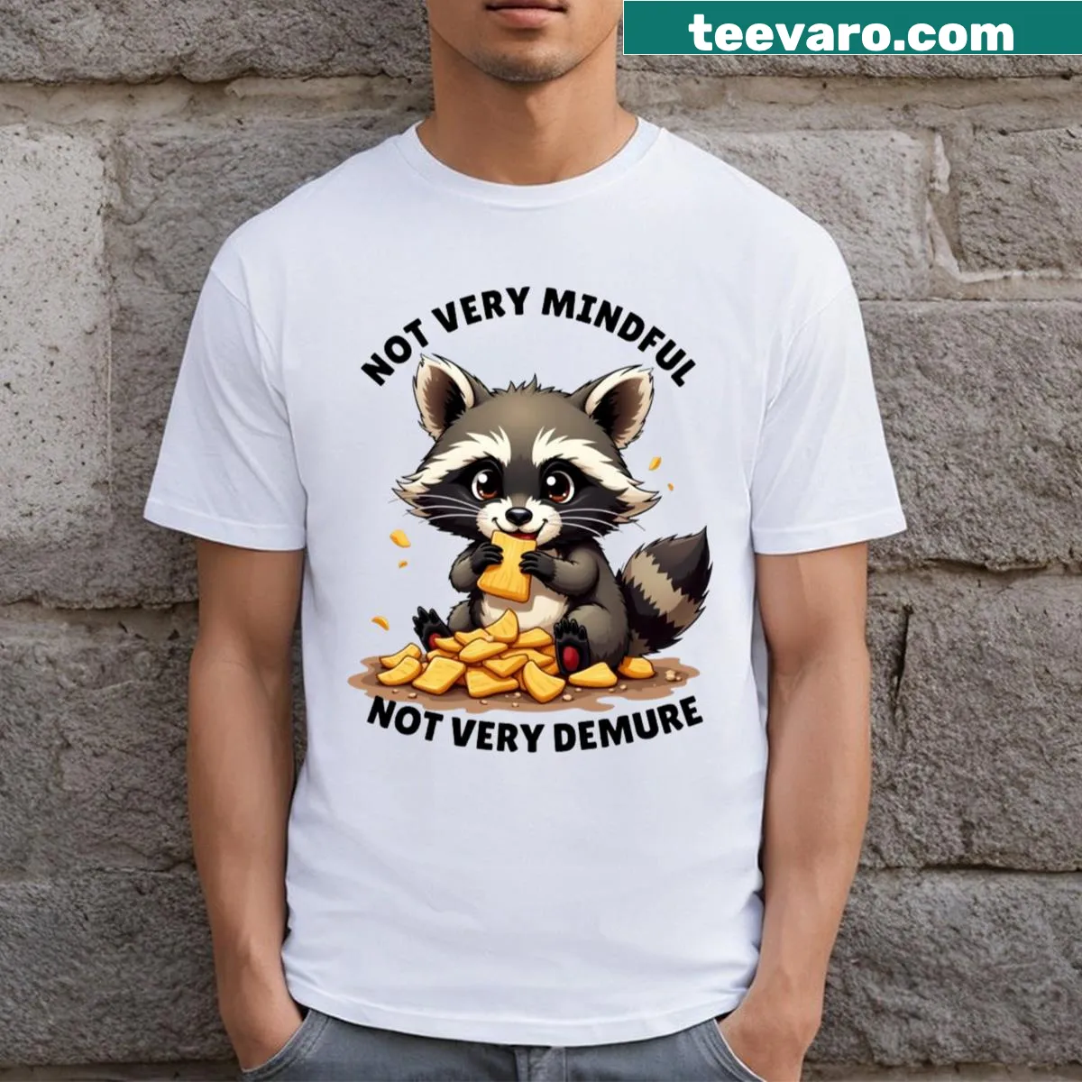 Funny raccoon T-shirt with humorous phrase and illustration — on a men's t-shirt