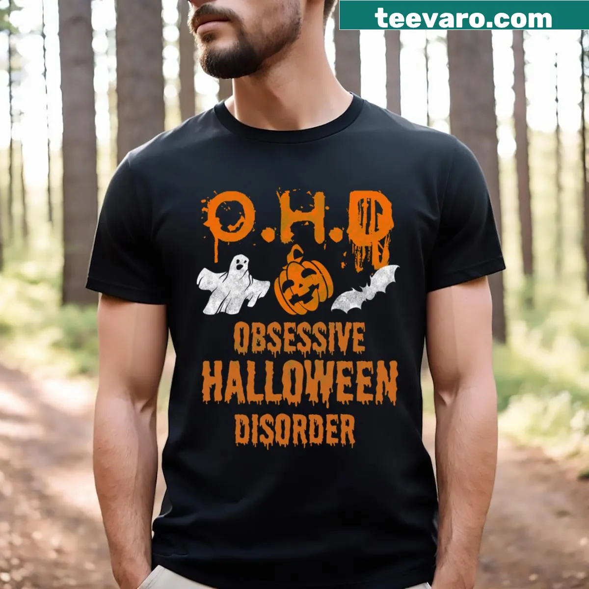Funny Halloween-themed T-shirt with 'Ohd Obsessive Halloween Disorder' text — on a men's t-shirt
