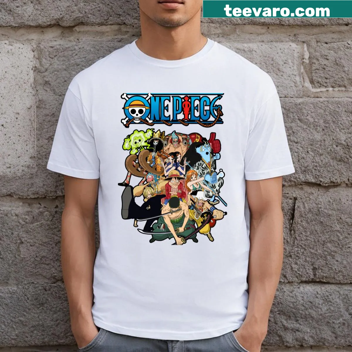One Piece T-shirt with adventure-themed illustration — on a men's t-shirt